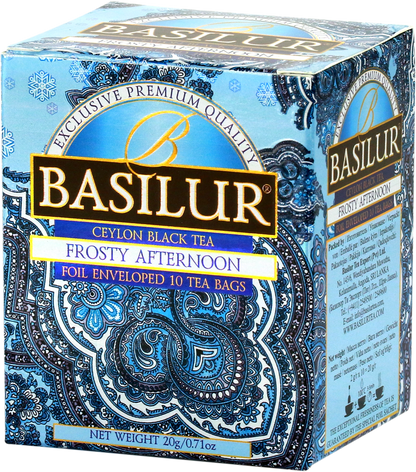 Perspektywiczne ujęcie opakowania Basilur Frosty Afternoon z detalicznym wzorem.