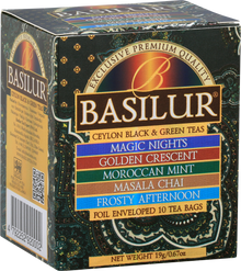 Opakowanie herbaty Basilur Ceylon Black & Green Teas z pięcioma kompozycjami smakowymi.