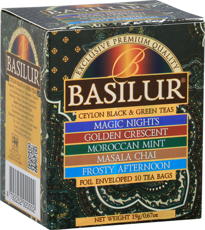 Opakowanie herbaty Basilur Ceylon Black & Green Teas z pięcioma kompozycjami smakowymi.