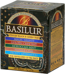 Pudełko herbat Basilur Ceylon Black & Green Teas z orientalnym wzorem i listą smaków.