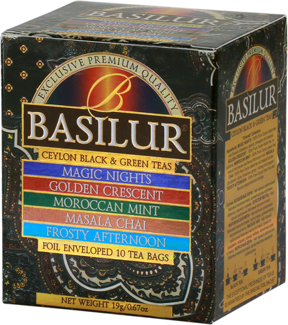 Pudełko herbat Basilur Ceylon Black & Green Teas z orientalnym wzorem i listą smaków.