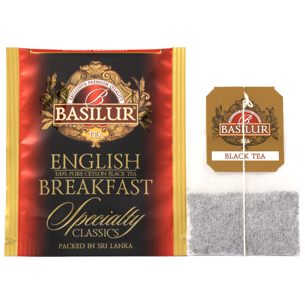 Torebka herbaty Basilur English Breakfast w kopercie foliowej i klasyczna saszetka.