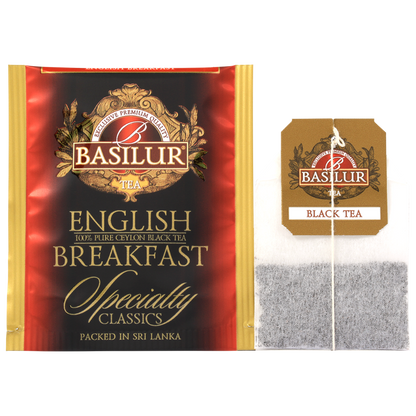 Torebka herbaty Basilur English Breakfast w kopercie foliowej i klasyczna saszetka.