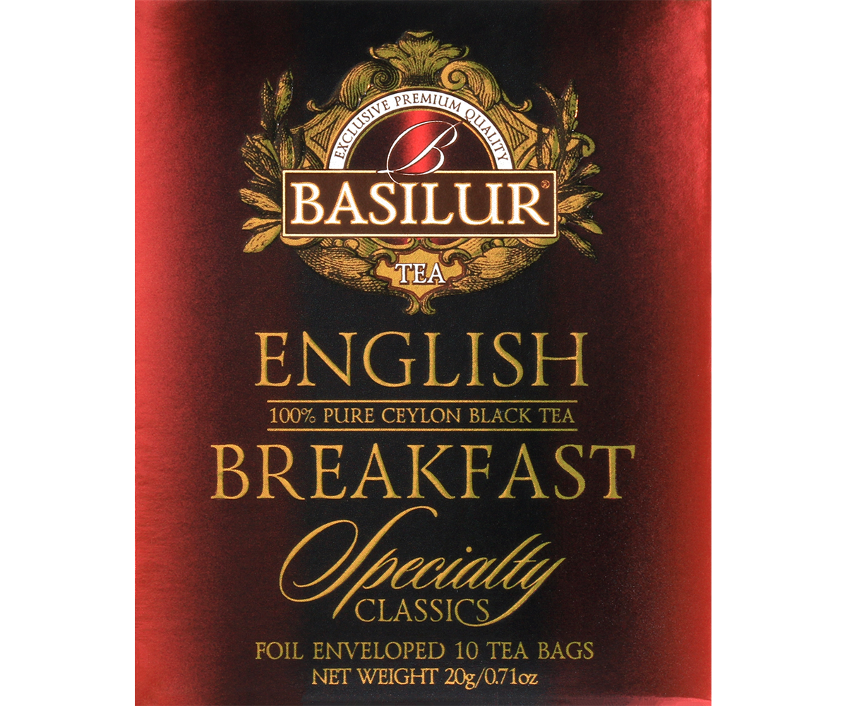 Przód opakowania Basilur English Breakfast – klasyczna czarna herbata cejlońska.