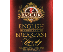 Przód opakowania Basilur English Breakfast – klasyczna czarna herbata cejlońska.