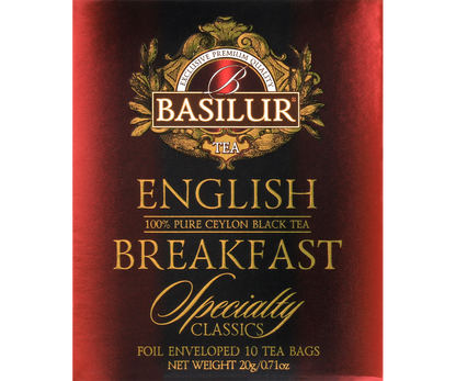Przód opakowania Basilur English Breakfast – klasyczna czarna herbata cejlońska.