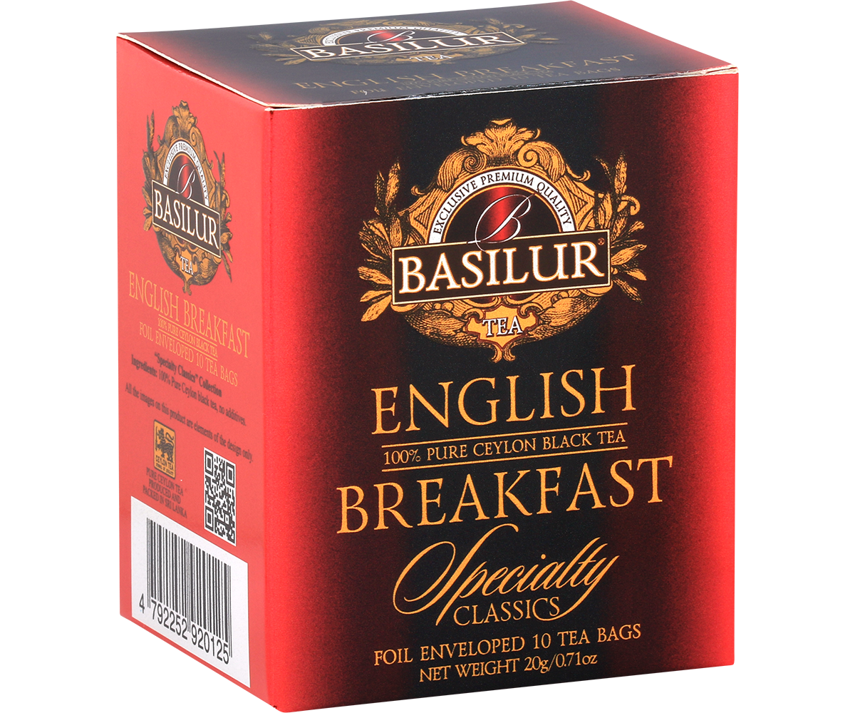 Bok opakowania Basilur English Breakfast z logo i kodem kreskowym.