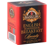 Bok opakowania Basilur English Breakfast z logo i kodem kreskowym.