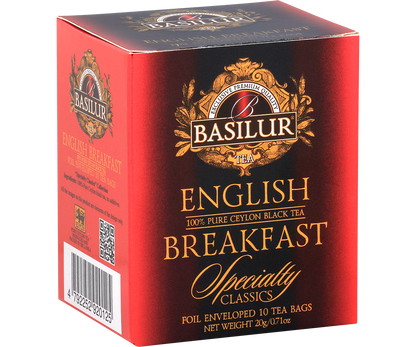 Bok opakowania Basilur English Breakfast z logo i kodem kreskowym.