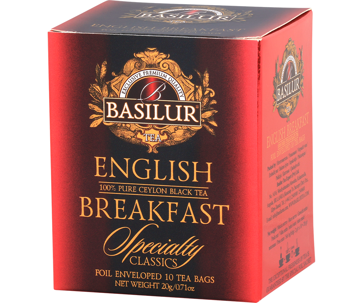 Opakowanie Basilur English Breakfast w czerwono-złotych barwach.