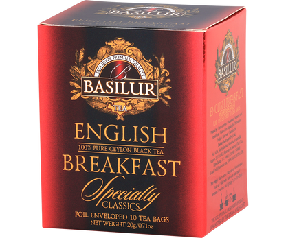 Opakowanie Basilur English Breakfast w czerwono-złotych barwach.