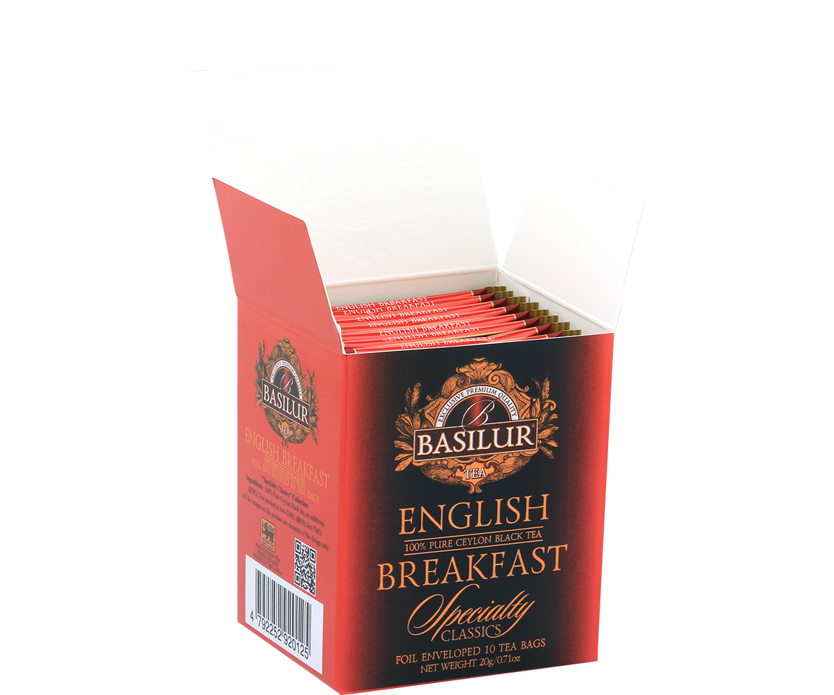 Otwarte pudełko Basilur English Breakfast z 10 kopertami herbaty.