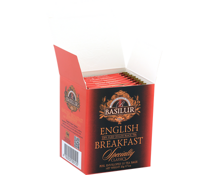 Otwarte pudełko Basilur English Breakfast z 10 kopertami herbaty.