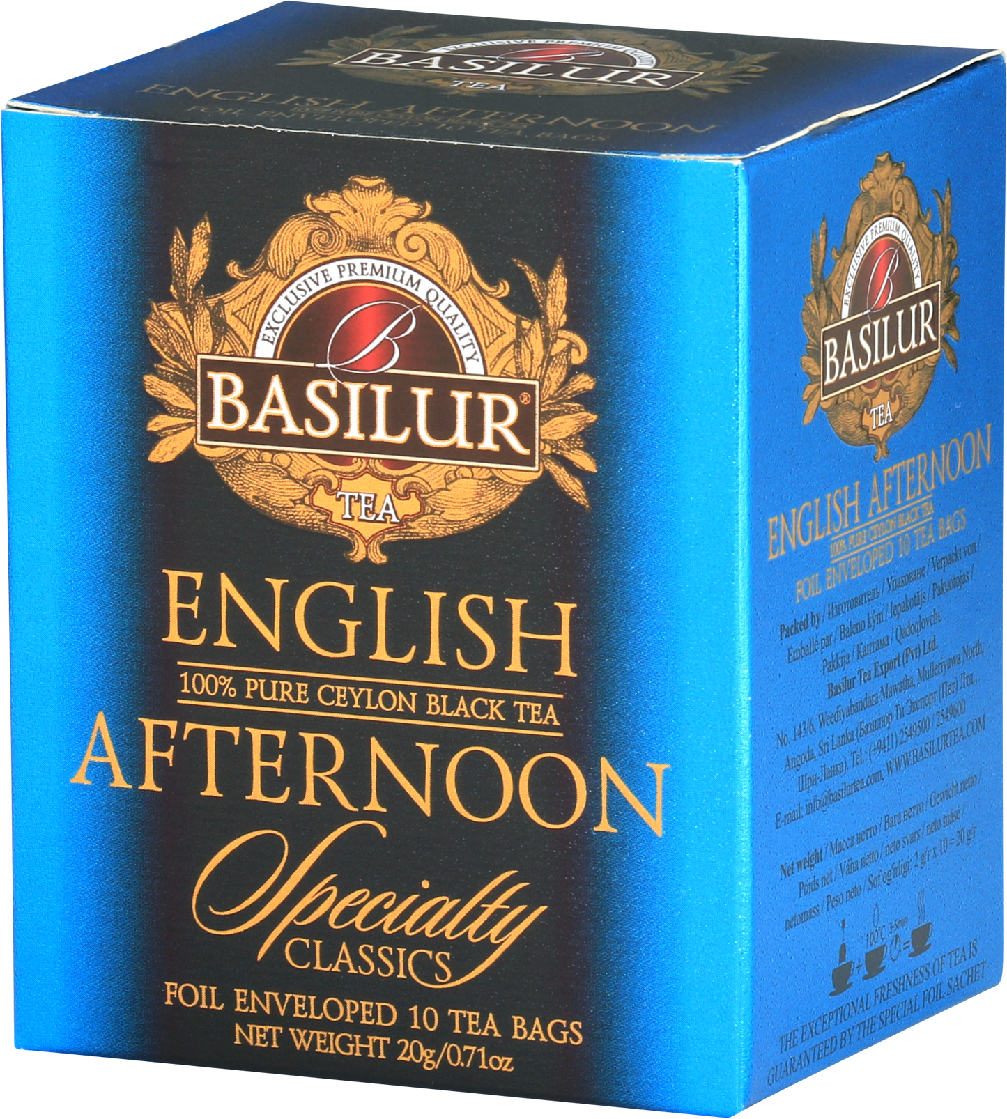 Herbata Basilur English Afternoon w eleganckim niebiesko-czarnym opakowaniu Specialty Classics.