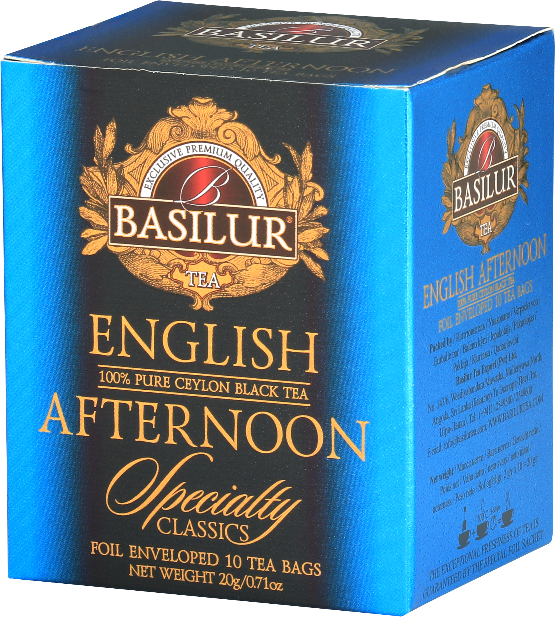 Herbata Basilur English Afternoon w eleganckim niebiesko-czarnym opakowaniu Specialty Classics.