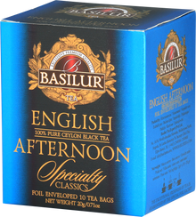 Herbata Basilur English Afternoon w eleganckim niebiesko-czarnym opakowaniu Specialty Classics.