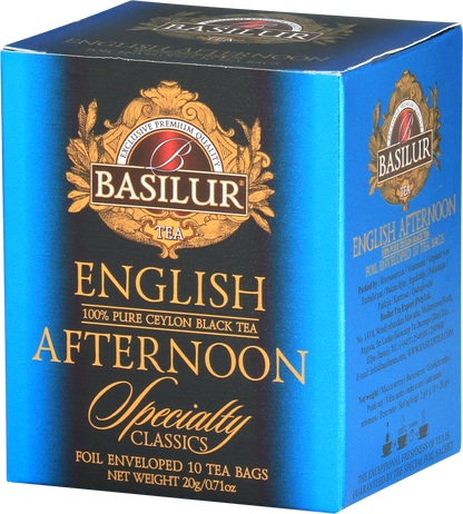 Herbata Basilur English Afternoon w eleganckim niebiesko-czarnym opakowaniu Specialty Classics.