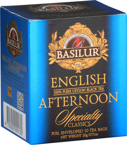Zbliżenie na opakowanie Basilur English Afternoon 100% Pure Ceylon Black Tea.