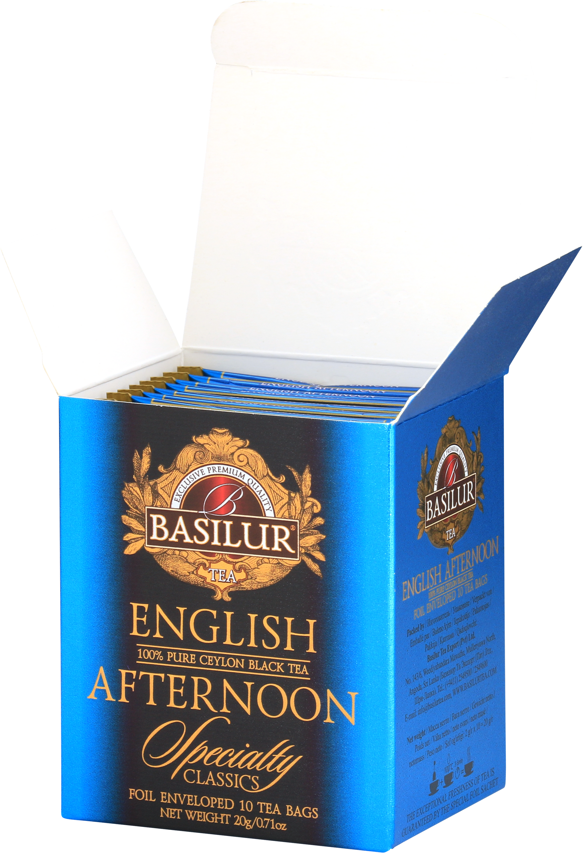 Otwarta herbata Basilur English Afternoon z widocznymi foliowymi kopertami saszetek.