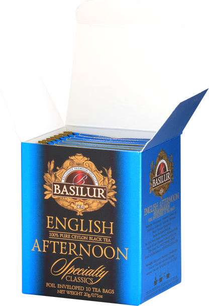 Otwarta herbata Basilur English Afternoon z widocznymi foliowymi kopertami saszetek.