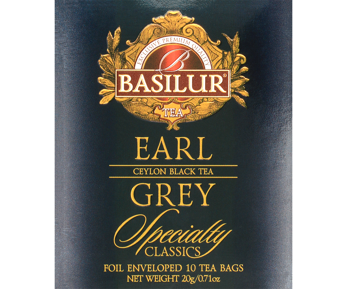 Przód opakowania Basilur Earl Grey – czarna herbata z aromatem bergamotki.