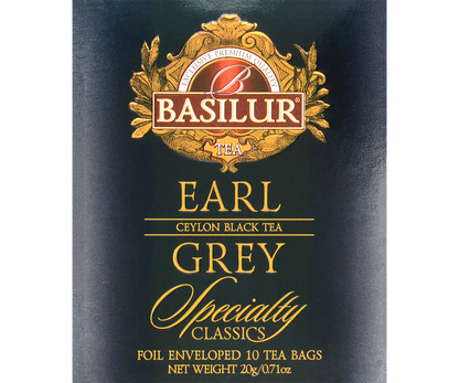 Przód opakowania Basilur Earl Grey – czarna herbata z aromatem bergamotki.