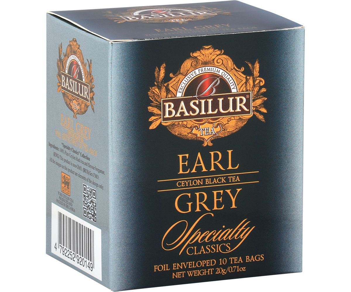 Bok opakowania Basilur Earl Grey z logo Basilur i kodem kreskowym.