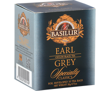 Bok opakowania Basilur Earl Grey z logo Basilur i kodem kreskowym.