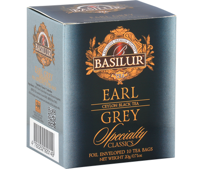 Bok opakowania Basilur Earl Grey z logo Basilur i kodem kreskowym.