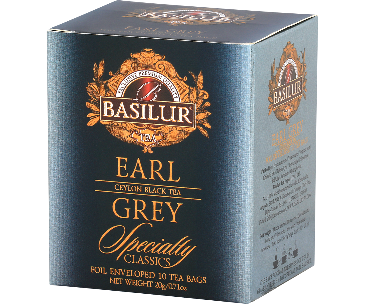 Opakowanie Basilur Earl Grey w granatowo-złotej kolorystyce.