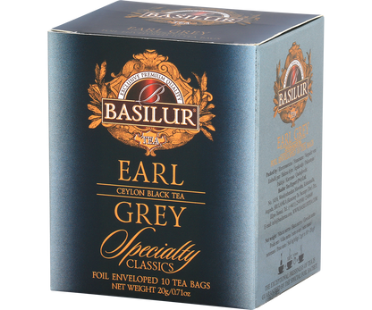 Opakowanie Basilur Earl Grey w granatowo-złotej kolorystyce.