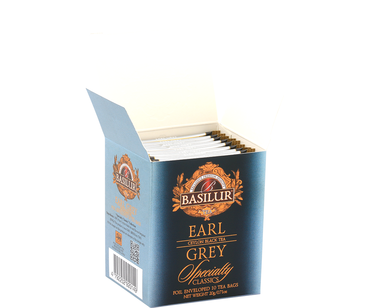 Otwarte pudełko Basilur Earl Grey z kopertami herbaty.