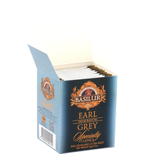 Otwarte pudełko Basilur Earl Grey z kopertami herbaty.