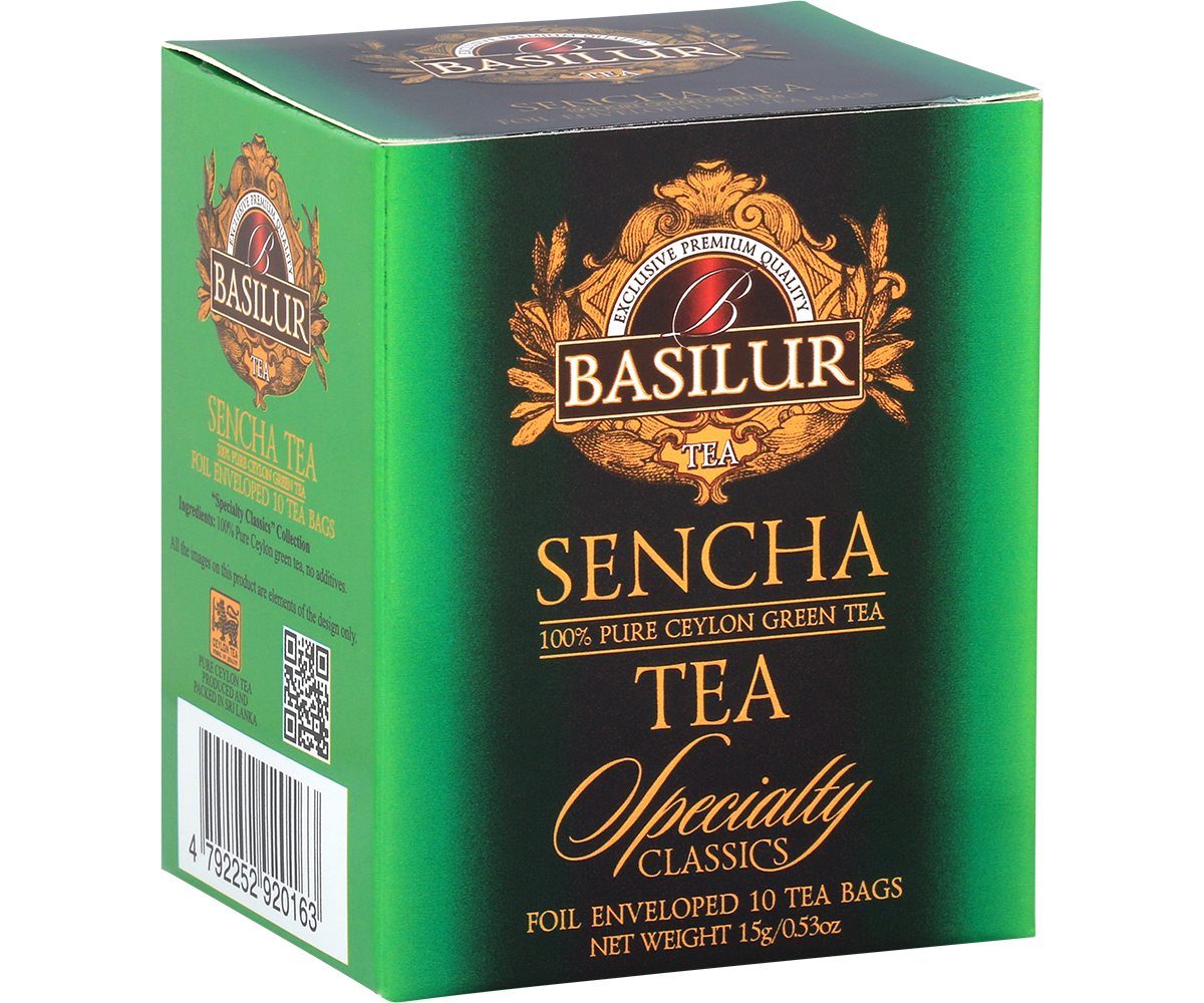 Bok pudełka Basilur Sencha z opisem produktu.