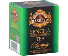 Bok pudełka Basilur Sencha z opisem produktu.