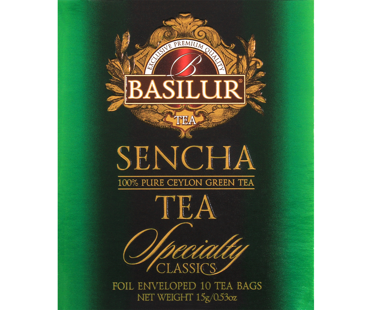 Przód opakowania zielonej herbaty Basilur Sencha z kolekcji Specialty Classics.