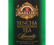 Przód opakowania zielonej herbaty Basilur Sencha z kolekcji Specialty Classics.