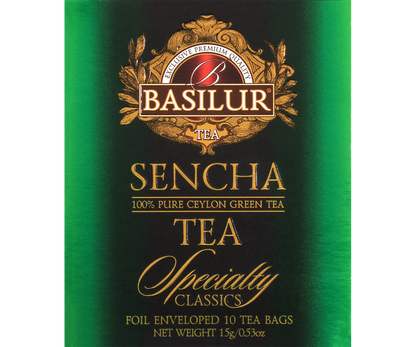 Przód opakowania zielonej herbaty Basilur Sencha z kolekcji Specialty Classics.