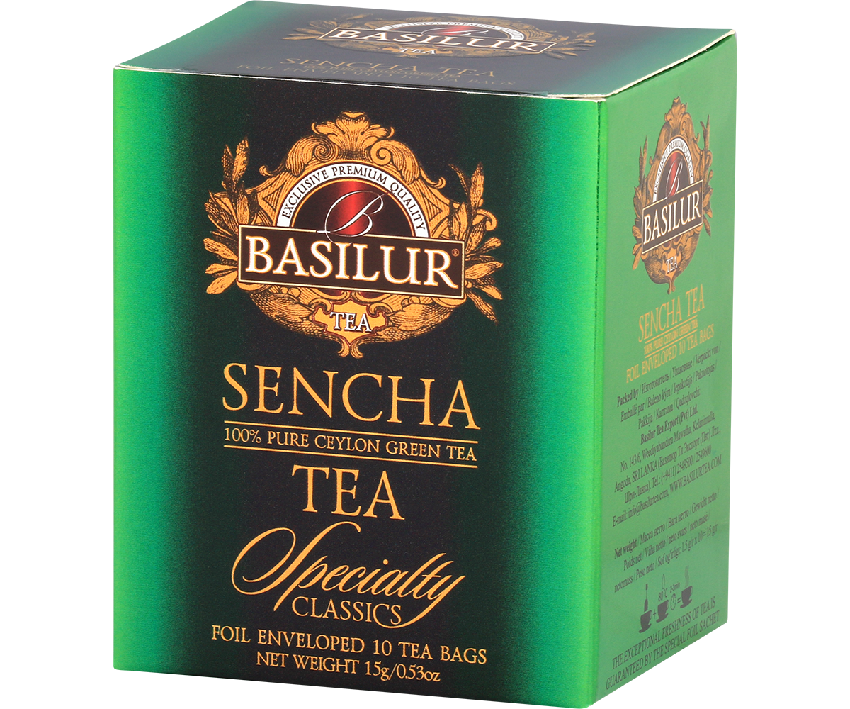 Perspektywiczne ujęcie opakowania herbaty Basilur Sencha.