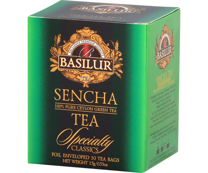 Perspektywiczne ujęcie opakowania herbaty Basilur Sencha.