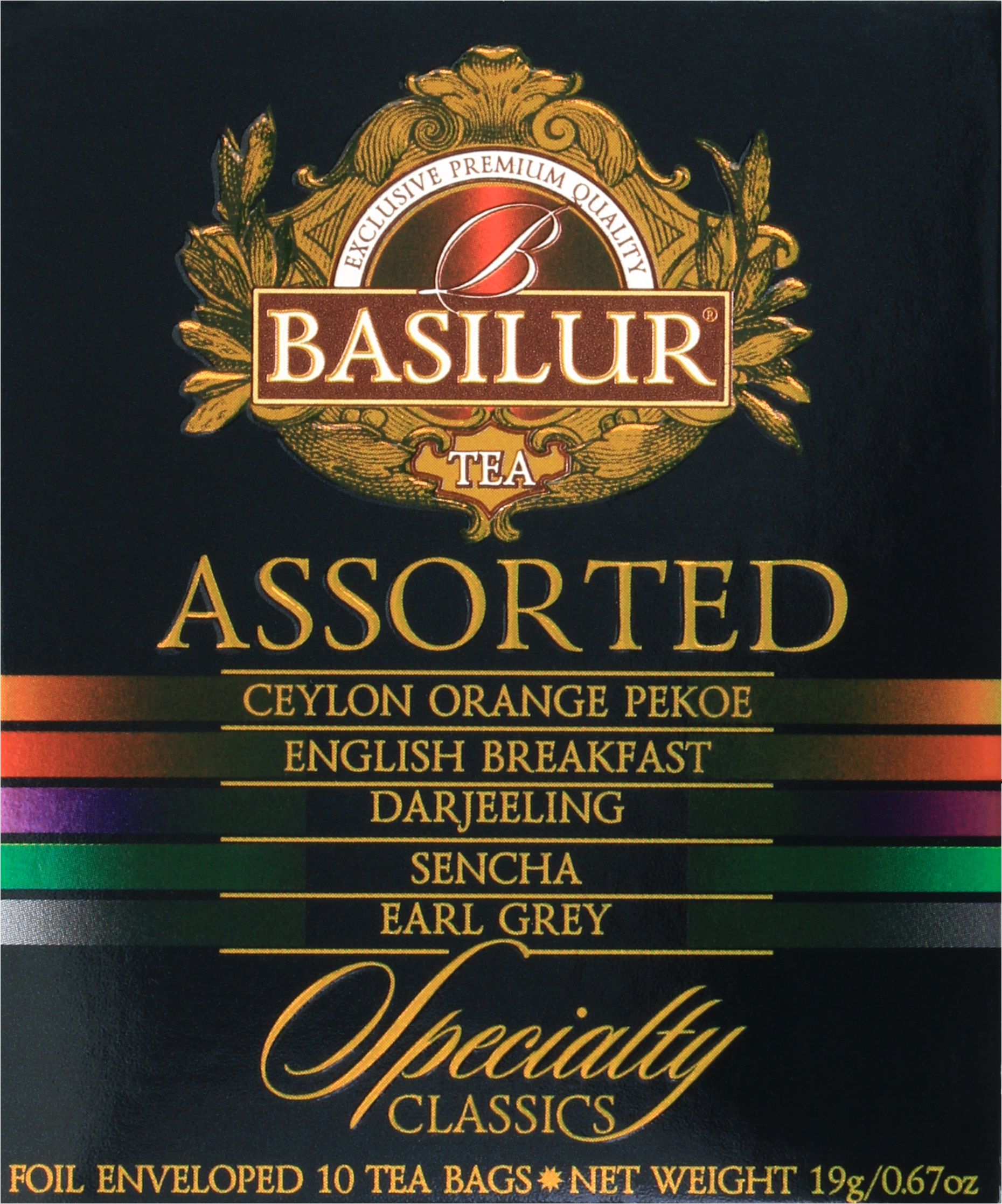 Przód opakowania Basilur Specialty Classics Assorted z listą smaków.