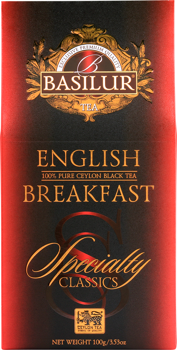 Przód opakowania Basilur English Breakfast z logo i złotymi napisami.
