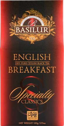 Przód opakowania Basilur English Breakfast z logo i złotymi napisami.
