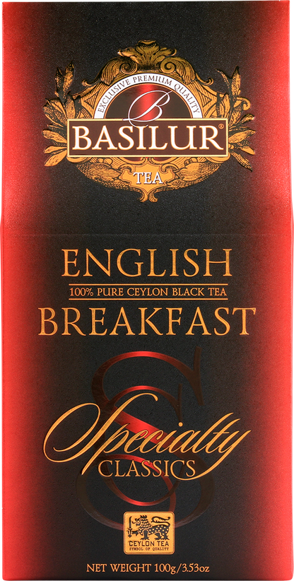 Przód opakowania Basilur English Breakfast z logo i złotymi napisami.
