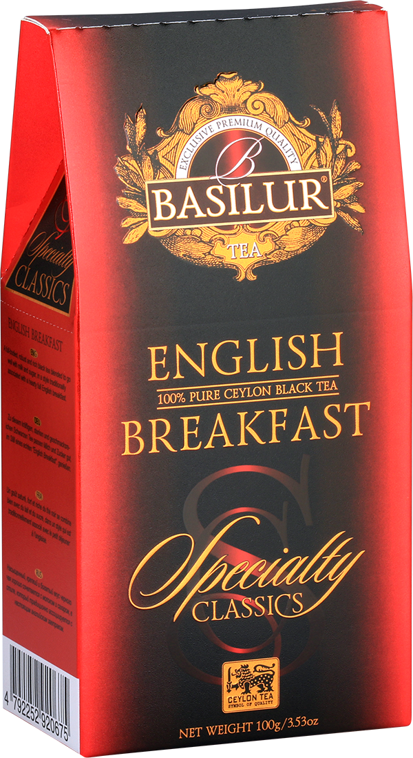 Bok pudełka Basilur English Breakfast z klasycznym wzorem.

