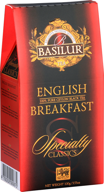 Bok pudełka Basilur English Breakfast z klasycznym wzorem.
