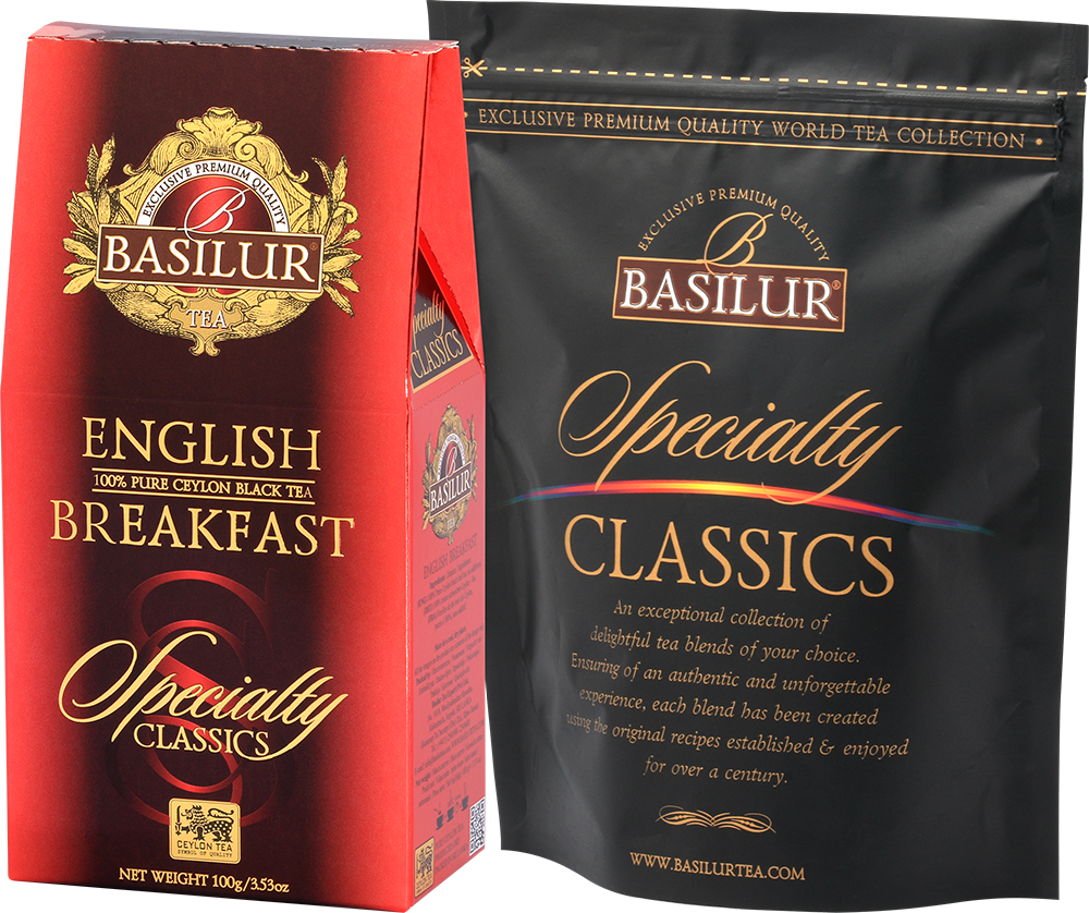Herbata Basilur English Breakfast – kartonik z czarną torebką foliową.
