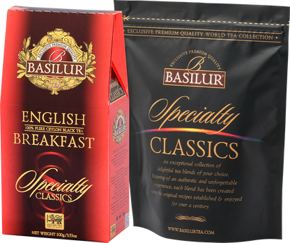 Herbata Basilur English Breakfast – kartonik z czarną torebką foliową.

