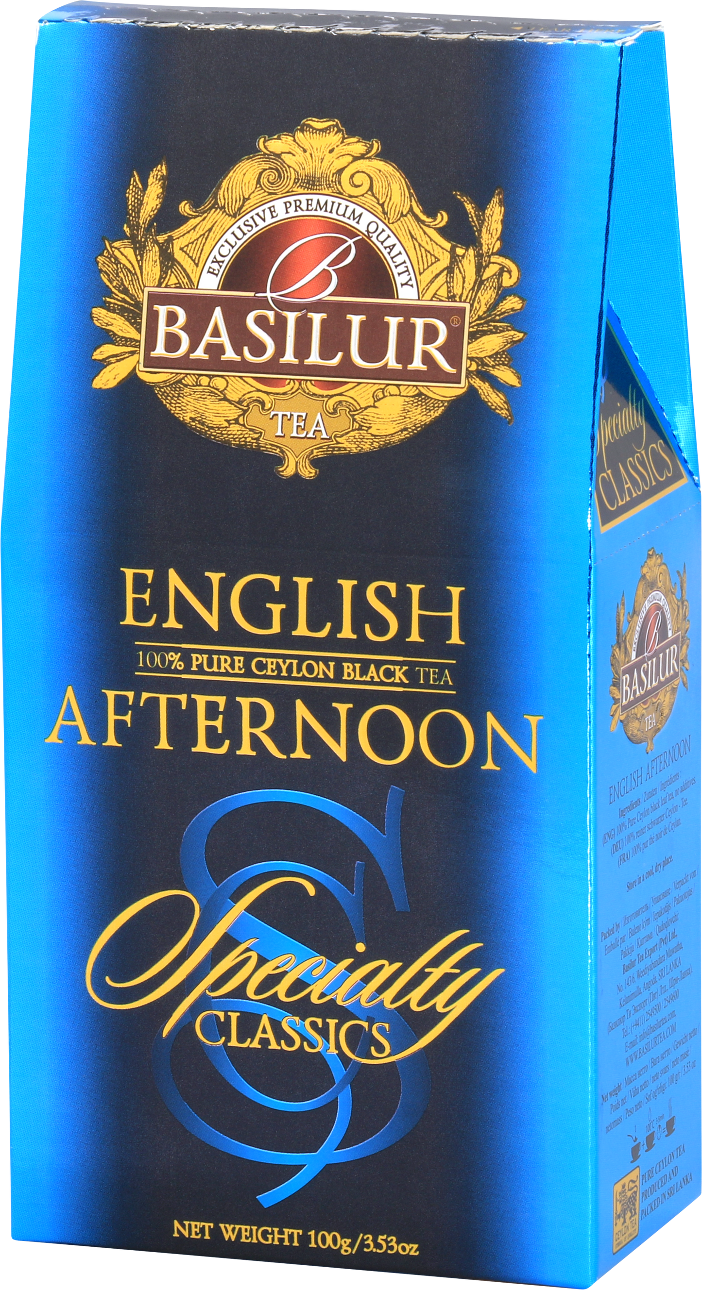 Przód opakowania Basilur English Afternoon w odcieniach błękitu i złota.
