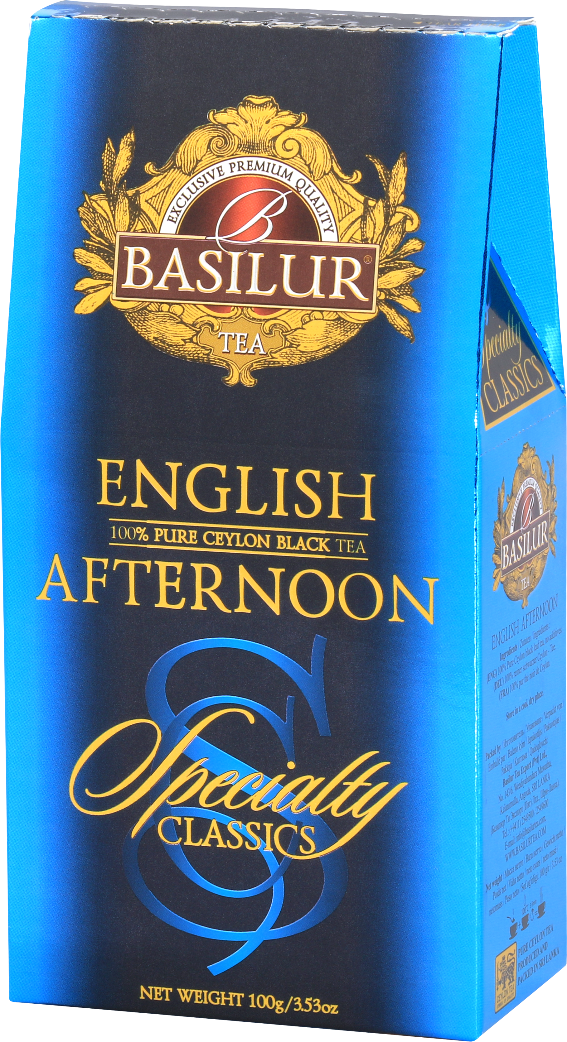 Przód opakowania Basilur English Afternoon w odcieniach błękitu i złota.